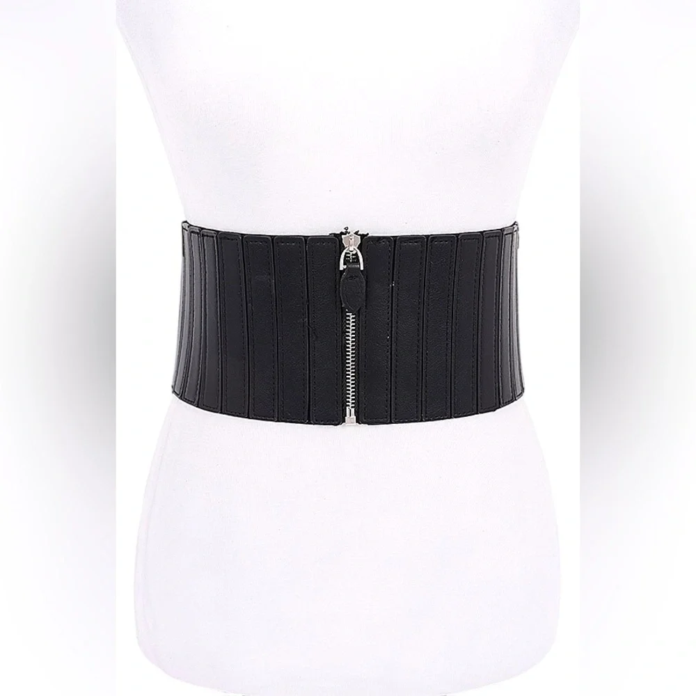 Metallic Vegan Leather Zip Up Corset Statement Belt (Gold, Silver, Black)